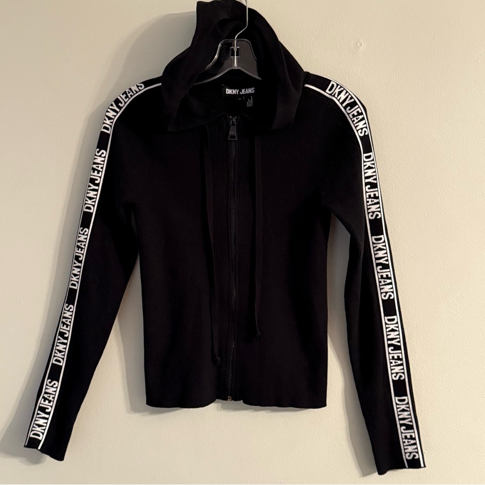 DKNY Black Knit Jacket Logo Tape Long Sleeve Size M Full Zip Hoodie & Pockets